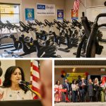 Paramount Middle School grand opening. Top image displays the gym equipment and Mayor Brenda Olmos at the podium and cutting the ribbon