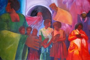 Colorful mural showing Black adults and children gathered together, with a woman holding a baby and abstract figures in the background.