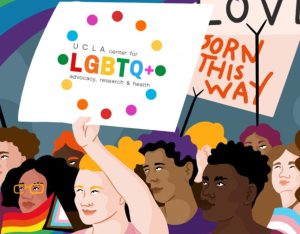AI Mode Conversation: short alt text You sent: 1 image and said: short alt text short alt text An illustration of a diverse crowd participating in a march or rally, with a person in the foreground holding up a large sign for the UCLA Center for LGBTQ+ Advocacy, Research & Health. In the background, another sign reads "Born This Way."